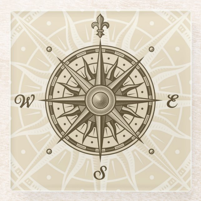 Vintage Compass Rose Glass Coaster (Front)