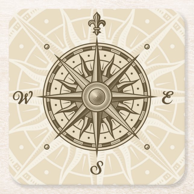 Vintage Compass Rose Square Paper Coaster (Front)