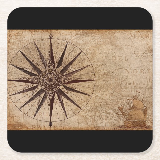 Vintage compass rose square paper coaster (Front)