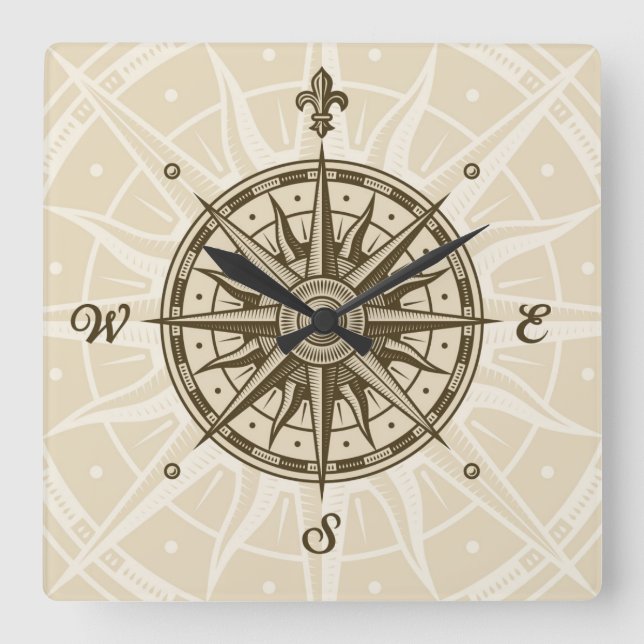 Vintage Compass Rose Square Wall Clock (Front)