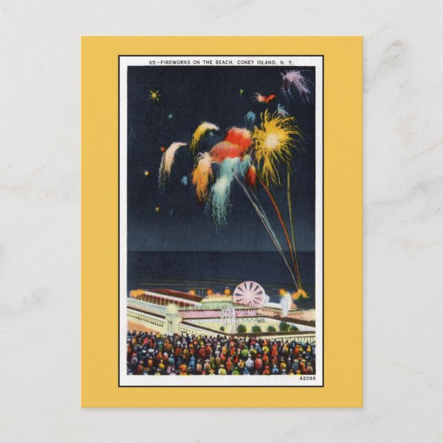 Vintage Coney Island fireworks on beach Postcard (Front)