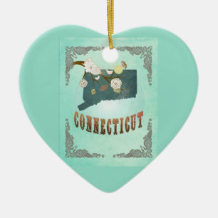 Vintage Connecticut State Map – Turquoise Blue Ceramic Tree Decoration