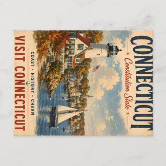 Vintage Connecticut Travel Poster with Coastal Lig Holiday Postcard