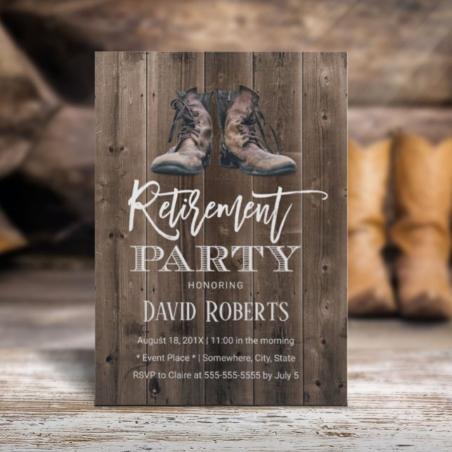 Vintage Construction Work Boots Wood Retirement Invitation (Creator Uploaded)