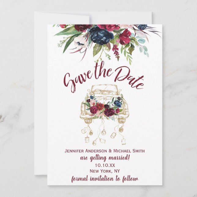Vintage Convertible Burgundy Rose Save the Date (Front)