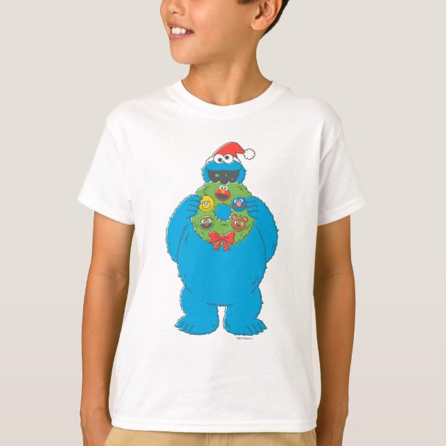 Vintage Cookie Monster Christmas Wreath T-Shirt (Front)
