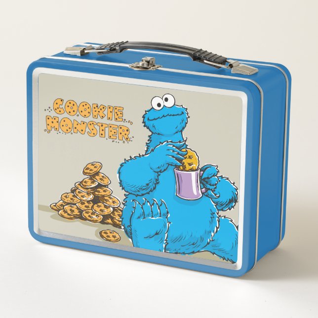 Vintage Cookie Monster Eating Cookies Metal Lunch Box (Front)