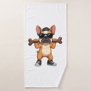 Vintage Cool French Bulldog Carrying Bone Cartoon  Bath Towel