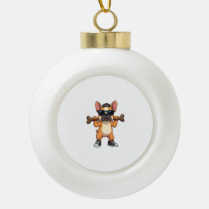 Vintage Cool French Bulldog Carrying Bone Cartoon  Ceramic Ball Christmas Ornament