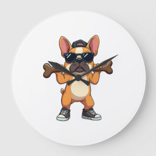 Vintage Cool French Bulldog Carrying Bone Cartoon  Large Clock