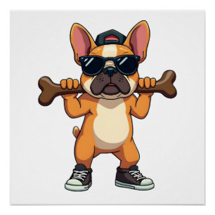 Vintage Cool French Bulldog Carrying Bone Cartoon Poster