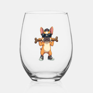 Vintage Cool French Bulldog Carrying Bone Cartoon Stemless Wine Glass