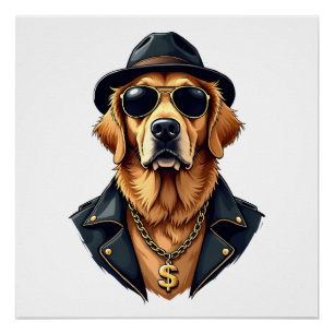 Vintage Cool Golden Retriever Dog in Sunglasses an Poster