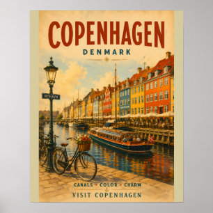 Vintage Copenhagen Denmark Travel Poster featuring