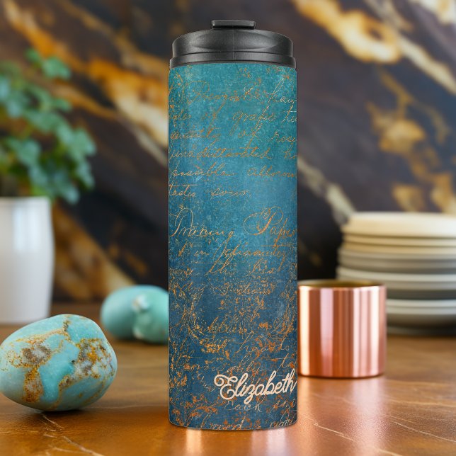 Vintage Copper Patina with Turquoise Calligraphy Thermal Tumbler (Vintage Copper Patina with Turquoise Calligraphy Thermal Tumbler)