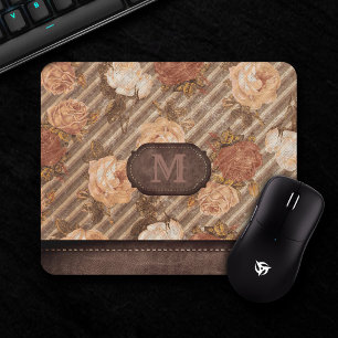 Vintage Copper Spice Rose   Rustic Floral Monogram Mouse Pad