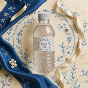 Vintage Coquette Blue Bow first birthday Water Bottle Label