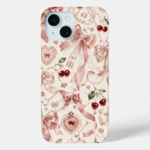 Vintage Coquette Pink Bow & Cherry Aesthetic iPhone 15 Case