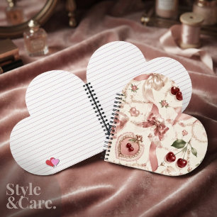 Vintage Coquette Pink Bow & Cherry Aesthetic Heart Notebook