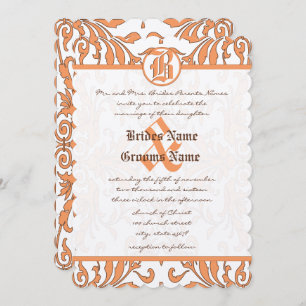 Vintage Coral & Brown Damask Wedding Invitation