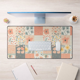 Vintage Coral Peach Sage Floral Patchwork Desk Mat