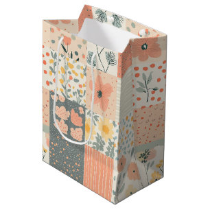 Vintage Coral Peach Sage Floral Patchwork Medium Gift Bag