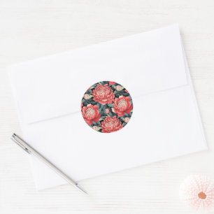 Vintage Coral Red & Sage Peony Floral Classic Round Sticker