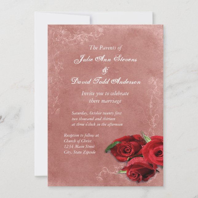 Vintage Coral Rose Wedding Invitation (Front)