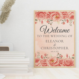 Vintage Coral Roses Watercolor Wedding Welcome Poster