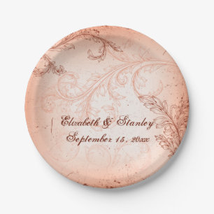 Vintage coral scroll leaf flourish fall wedding paper plate