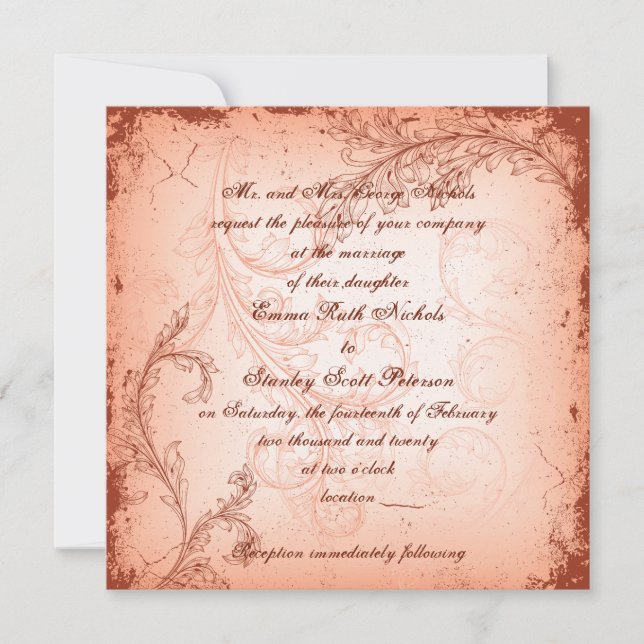 Vintage coral scroll leaf flourish wedding invitation (Front)