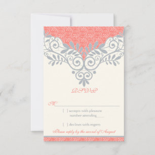 Vintage Coral Silver Grey Lace Wedding RSVP Reply Card