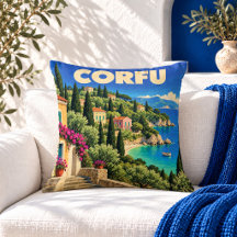 Vintage Corfu Greece Travel Poster Throw Pillow