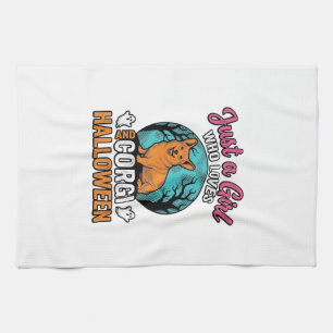 Vintage Corgi Halloween Girl Dog Lover Shirt Desig Tea Towel