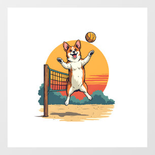 Vintage Corgi Volleyball Retro Sunset Vector Illus