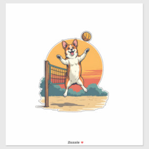 Vintage Corgi Volleyball Retro Sunset Vector Illus