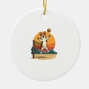Vintage Corgi Volleyball Retro Sunset Vector Illus Ceramic Tree Decoration