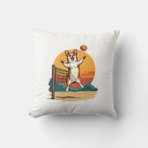 Vintage Corgi Volleyball Retro Sunset Vector Illus Cushion