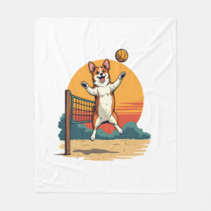 Vintage Corgi Volleyball Retro Sunset Vector Illus Fleece Blanket
