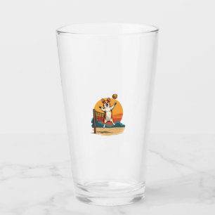 Vintage Corgi Volleyball Retro Sunset Vector Illus Glass