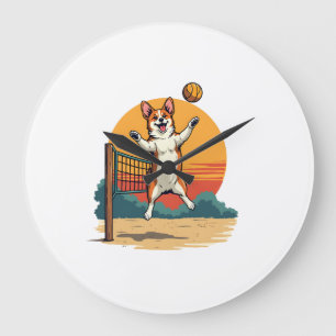 Vintage Corgi Volleyball Retro Sunset Vector Illus Large Clock