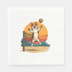 Vintage Corgi Volleyball Retro Sunset Vector Illus Napkin