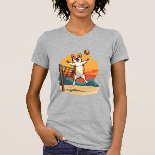 Vintage Corgi Volleyball Retro Sunset Vector Illus T-Shirt