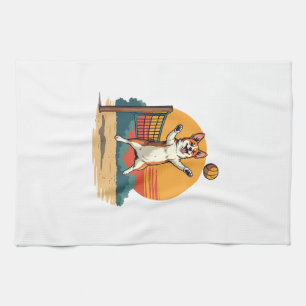 Vintage Corgi Volleyball Retro Sunset Vector Illus Tea Towel