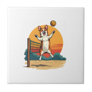 Vintage Corgi Volleyball Retro Sunset Vector Illus Tile