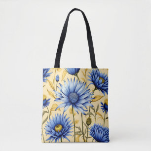 Vintage Cornflower Blue and Yellow Floral Tote Bag