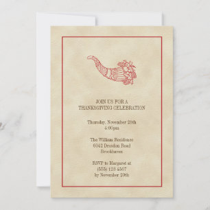 Vintage cornucopia fruits red frame Thanksgiving Invitation