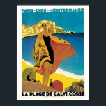 Vintage Corsica by Train Travel Ad Poster<br><div class="desc">Restored and (colors) enhanced French railroad Art Deco poster. Artist: Roger Broders, 1921 A bathing beauty on the beach of Calvi, Corsica. French text on top: Paris-Lyon-Méditerranée = the name of the train that went from Paris over France to Marseile(s). Text at the bottom: La Plage de Calvi, Corse =...</div>