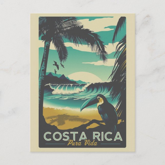Vintage Costa Rica Ocean Beach Toucan Travel Postcard (Front)