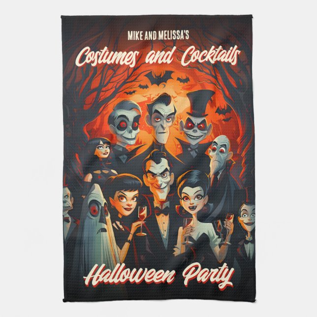 Vintage Costumes and Cocktails Halloween Party Tea Towel (Vertical)